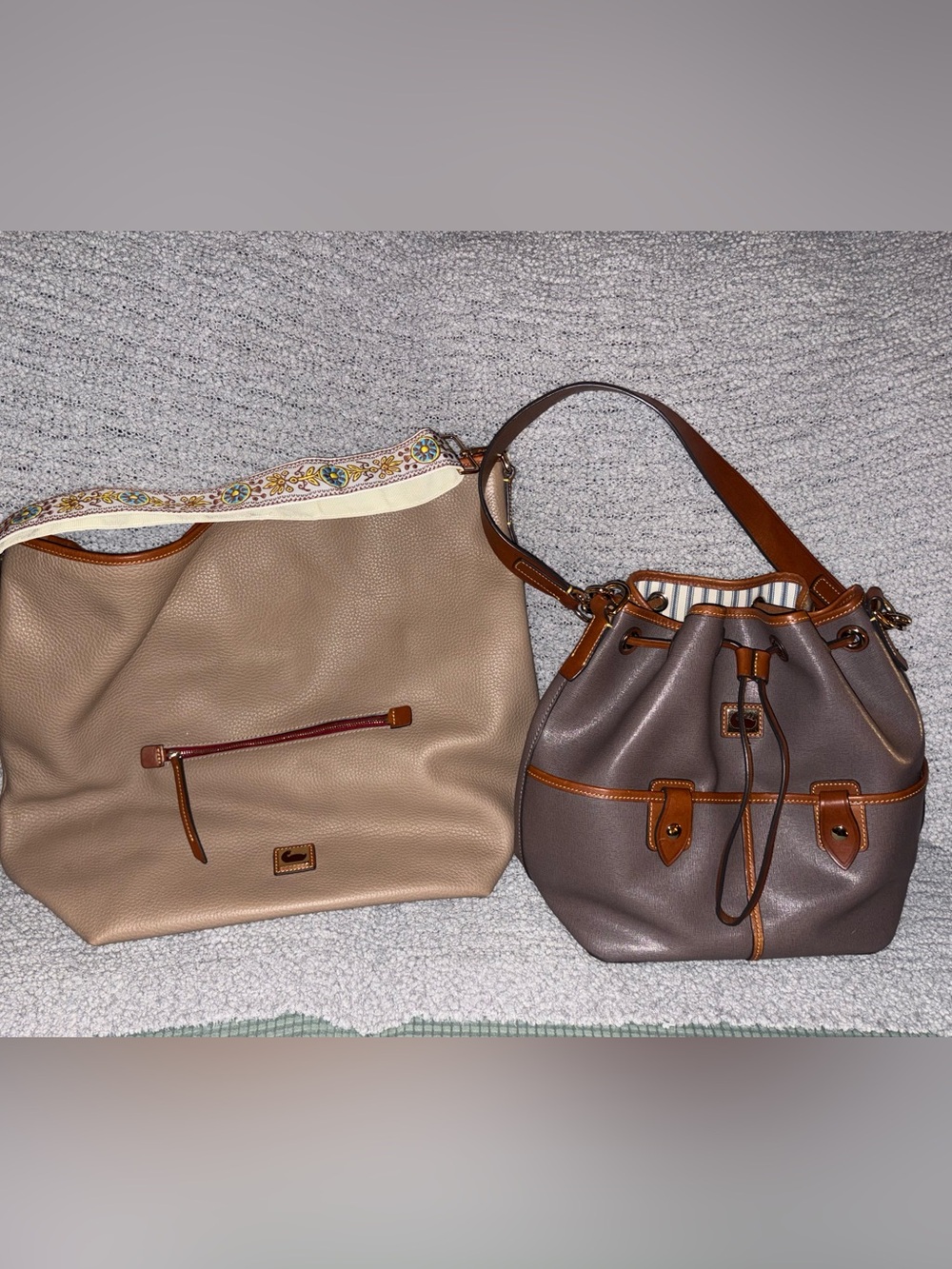 Dooney & Bourke Camden Taupe and Brown Pebble Saffiano Leather Shoulder Bags